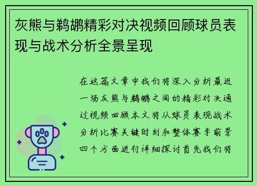 灰熊与鹈鹕精彩对决视频回顾球员表现与战术分析全景呈现