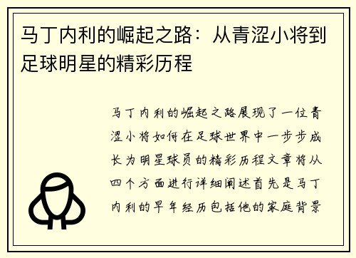 马丁内利的崛起之路：从青涩小将到足球明星的精彩历程